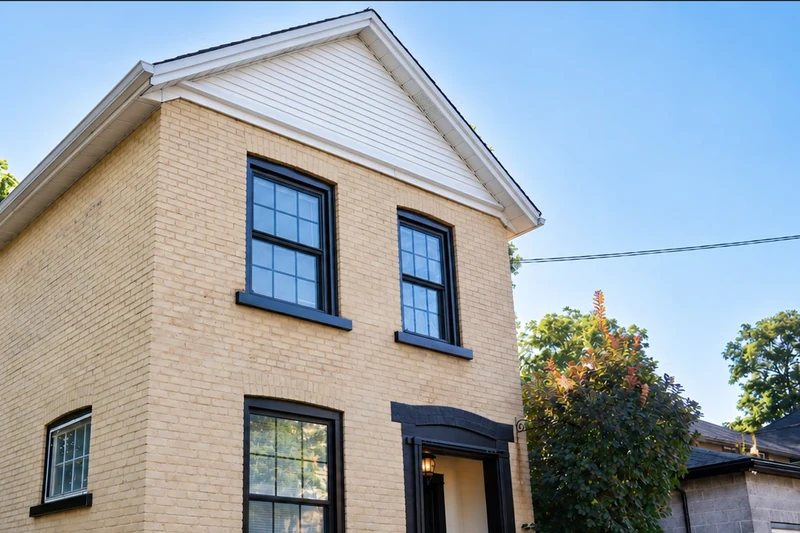 Gabled roofline and black-trimmed windows