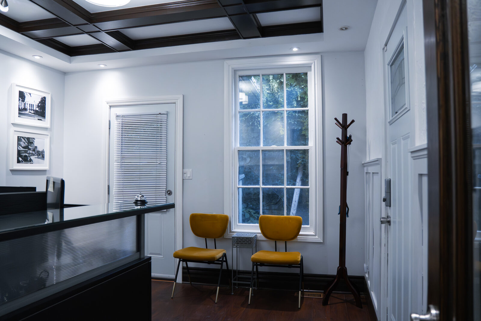 Reception seating and coffered ceiling